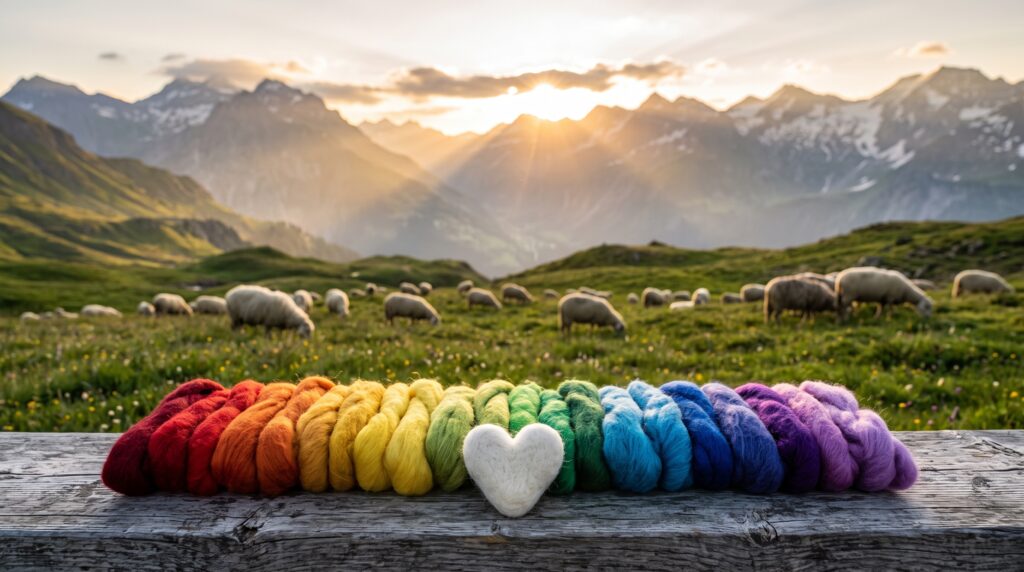 Regenbogen-Filzwolle mit Filzherz vor grasenden Schafen und Alpenpanorama